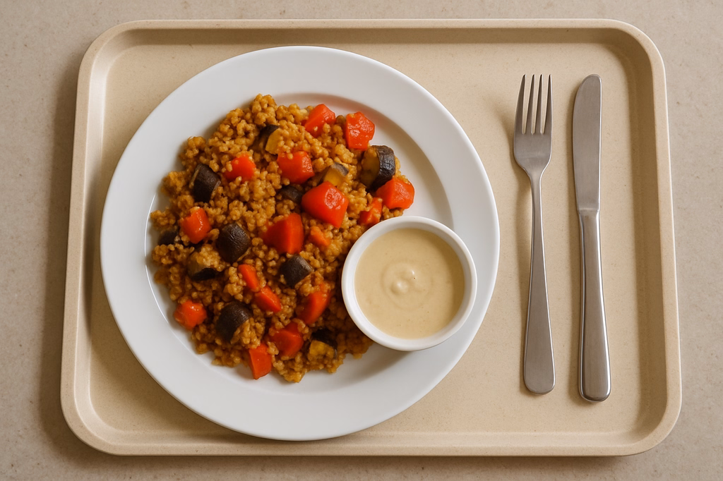 Bulgur Gemüsepfanne "Ras el Hanout" mit frischen Auberginen, Tomaten, Paprika, Zimt & Kardamom mit Tahina Dip (AI Generated)