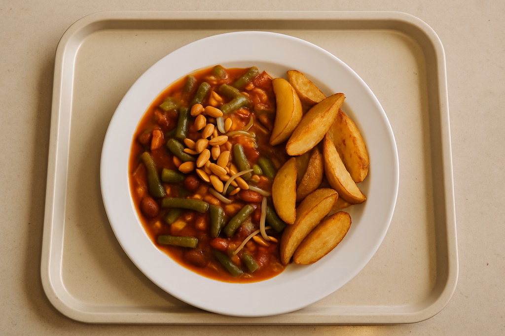 mensaVital: Bohnen - Gemüse - Ragout mit Sojasprossen, Erdnüssen und Kartoffelwedges (AI Generated)