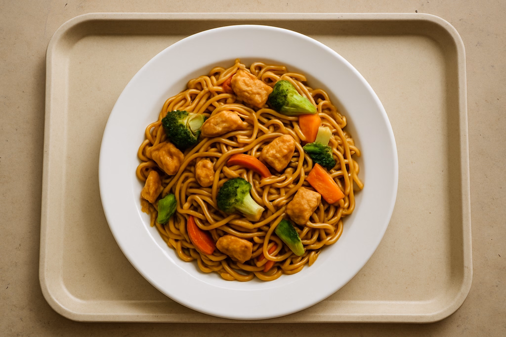 "Bami Goreng" gebratene Nudeln mit Hähnchen & frischen Gemüse (AI Generated)