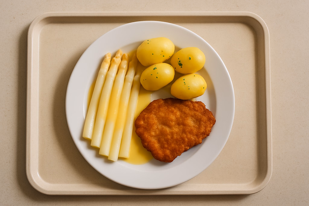 Frischer Spargel vom fränkischen Spargelbauer Salzkartoffeln kleines Schnitzel "Wiener Art" (AI Generated)