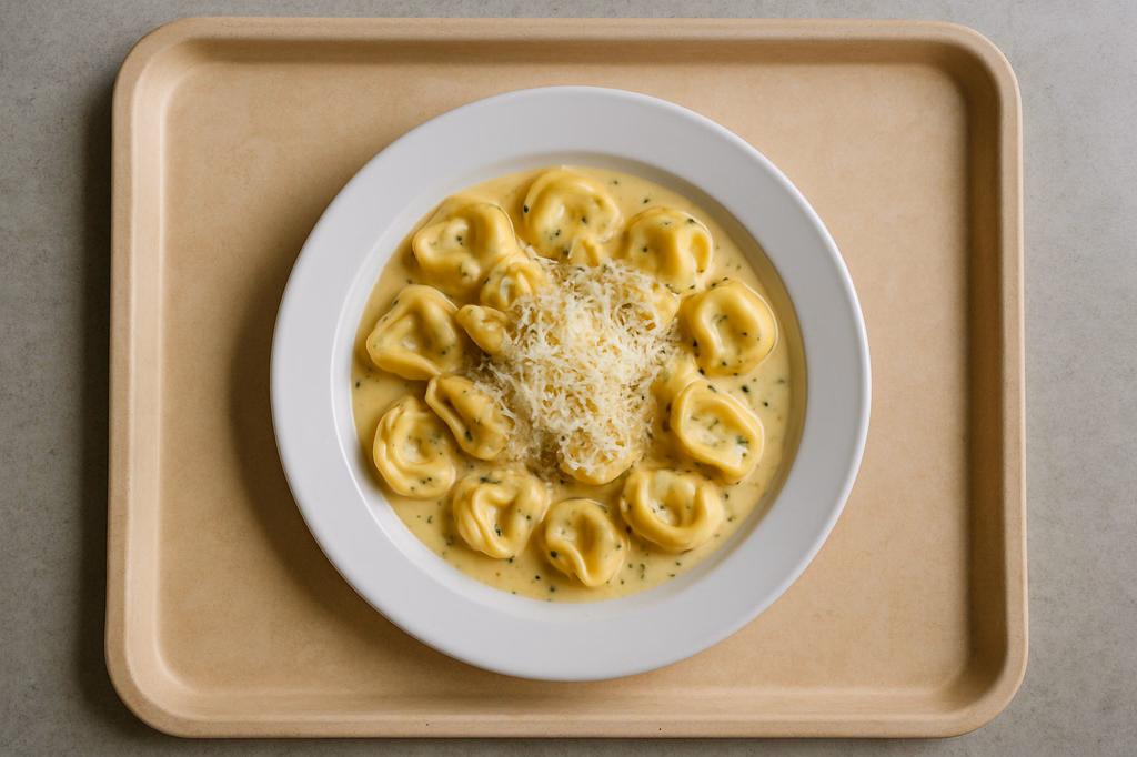 Käsetortelloni in Sahnesoße mit mediterranen Kräutern und geriebenem Gran Moravia (AI Generated)