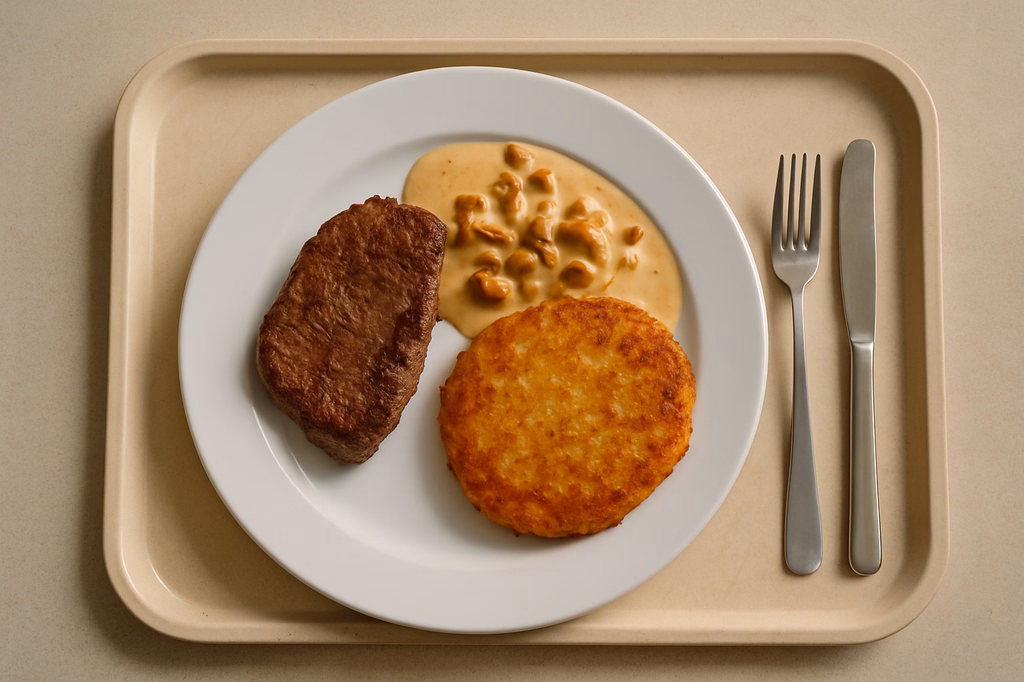 Rumpsteak vom Grill medium gebraten Rahmsoße von frischen Pfifferlingen Kartoffelrösti (AI Generated)
