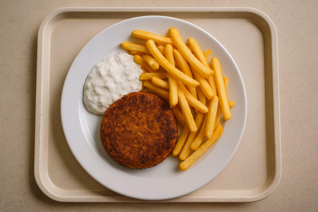 Süßkartoffel - Amaranth - Bratling mit hausgemachtem Tsatsiki Super Crunch Pommes frites (AI Generated)