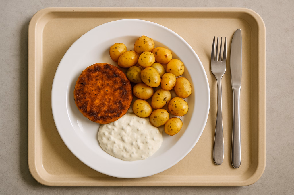 Süßkartoffel Amaranth Bratling mit Schwenkkartoffeln und Sauce Tartar (AI Generated)