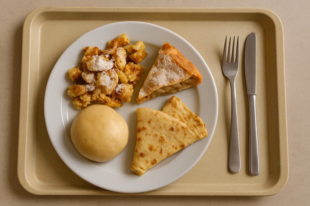 Auswahl vom warmen Süßspeisenbüffet-Kaiserschmarren, Strudel, gefüllte Hefeknödel und Pfannkuchen... (AI Generated)