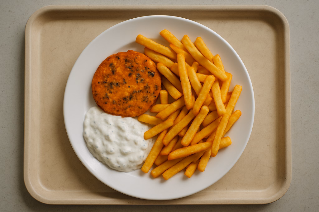 Gebackener Kürbis-Chiasamenröstling mit hausgemachtem Tsatsiki, dazu Super Crunch Pommes frites (AI Generated)