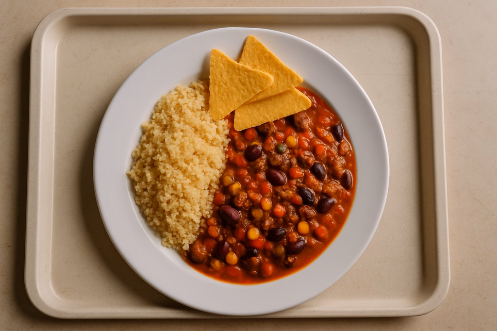 mensaVital: Veganes Soja Gemüse Chili mit Bohnen und Tacos dazu Couscous (AI Generated)