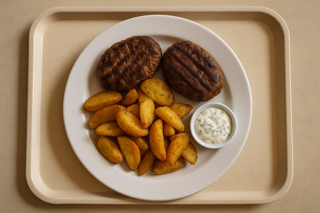 Zwei Bifteki gefüllt mit Hirtenkäse mit hausgemachtem Kräuter Knoblauchdip gebackene Patatas (AI Generated)