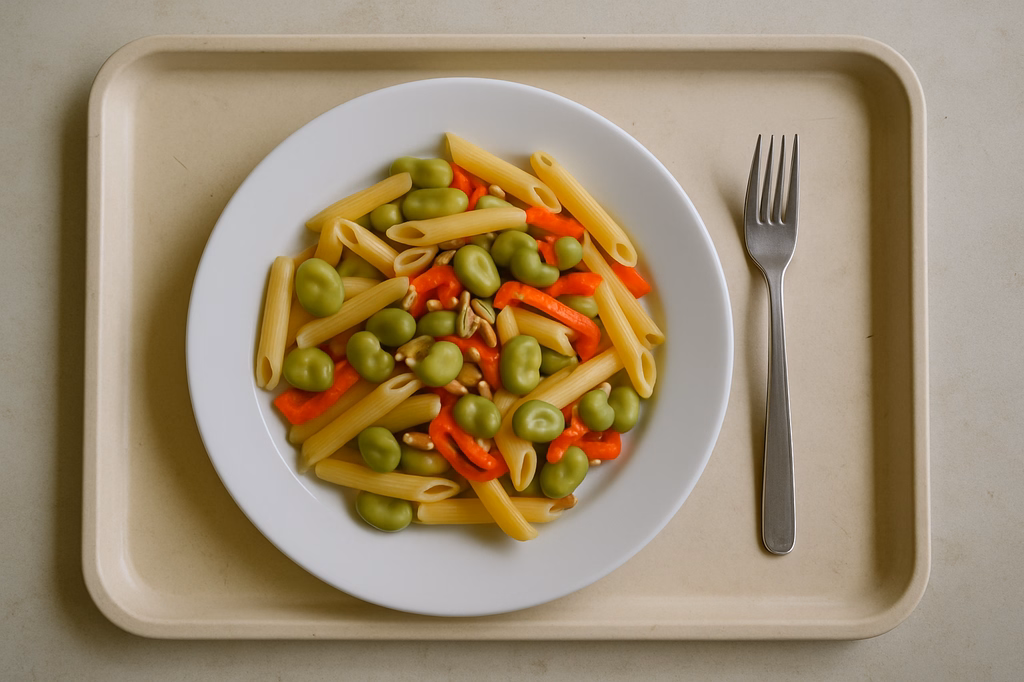 mensaVital: Pennenudeln mit Favabohnen, Paprika und Sonnenblumenkerne (AI Generated)