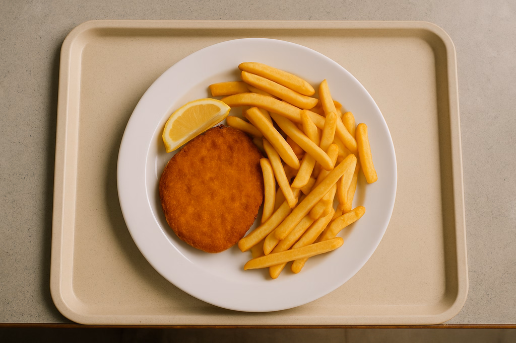 TK Vegetarisches Schnitzel mit Zitrone Super Crunch Pommes frites (AI Generated)