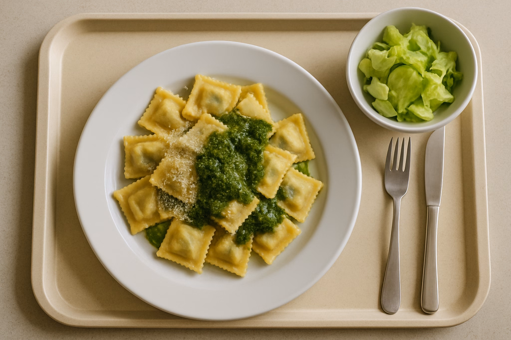 Ravioli Ricotta é Rucola mit geriebenen Grana Padano und Pestosoße "Genovese" (AI Generated)