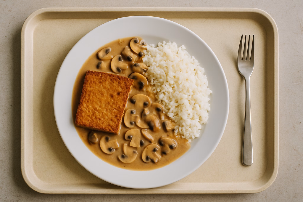 Vital: Tofusteak mit Champignionsoße und Reis (AI Generated)