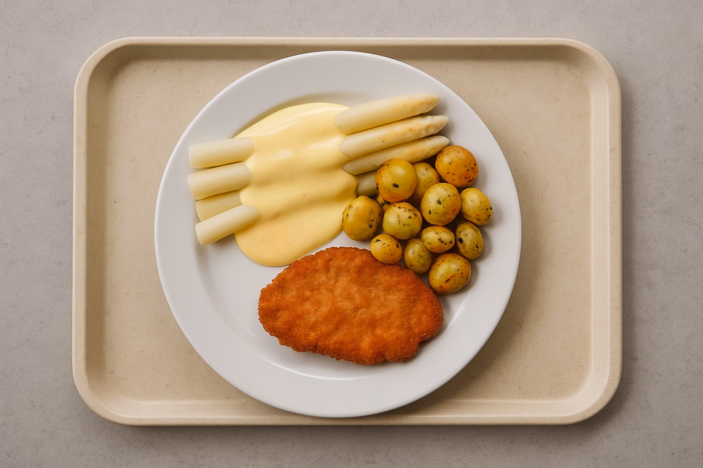 Frischer Spargel vom fränkischen Spargelbauer Schwenkkartoffeln kleines Knusperschnitzel vom Schwein (AI Generated)