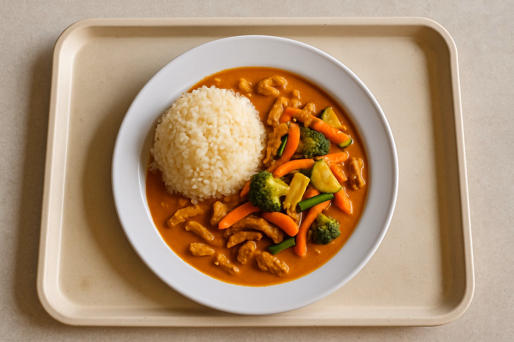 "Red Massaman Curry" mit Sojageschnetzelten, frischen Wokgemüse in Kokosmilch, Zitronengras und Jasmin Reis (AI Generated)