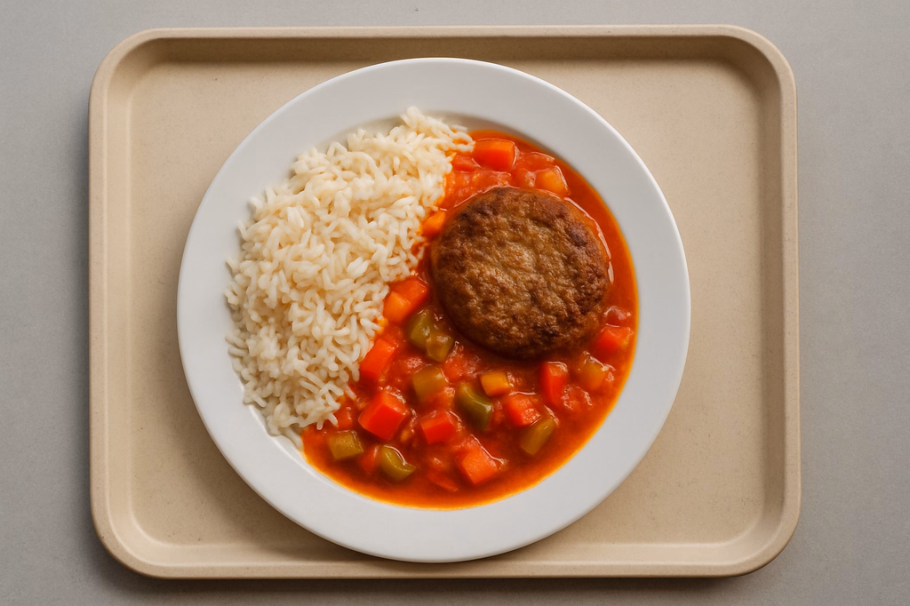 Hacksteak mit Paprika-Gemüsessoße und Langkornreis (AI Generated)