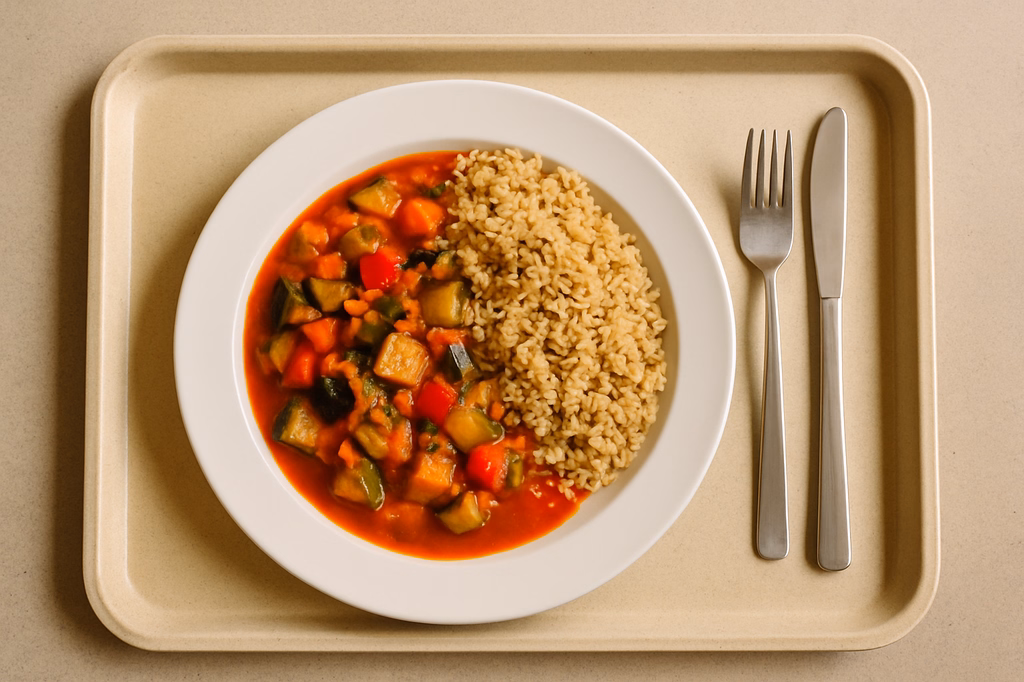 mensaVital: Fruchtige Vollkornreis - Gemüsepfanne mit Tomatensoße (AI Generated)