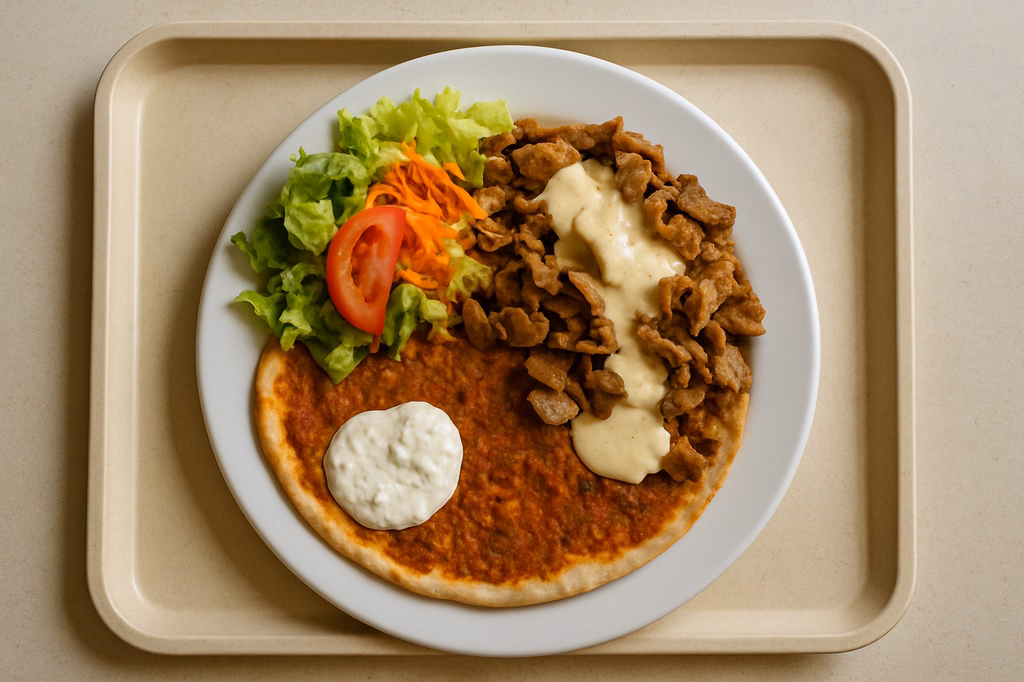 Lahmacun mit gemischtem Salat, Dönerfleisch und Soße mit hausgemachtem Kräuter Knoblauchdip (AI Generated)
