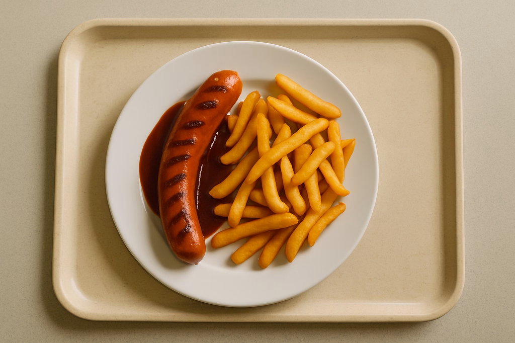 B.B.Q. Grillwurst mit Steakhouse Pommes (AI Generated)