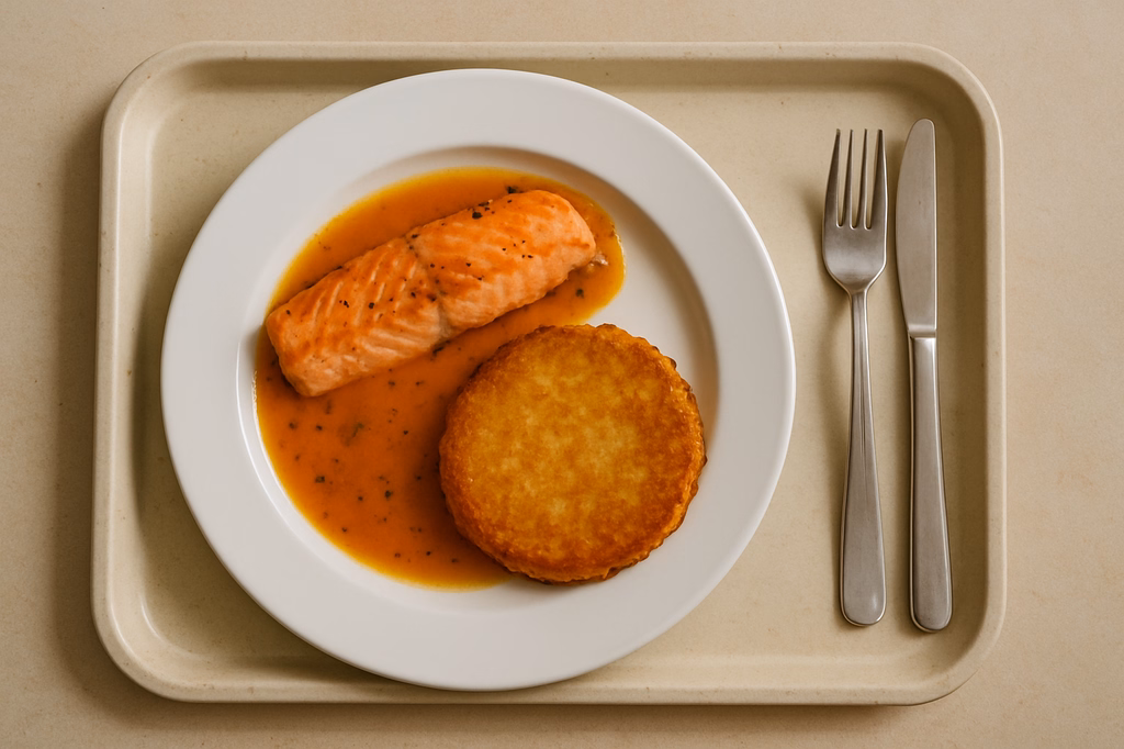 Gebratenes frisches Lachsfilet Orangen Pfeffersoße Kartoffelrösti (AI Generated)