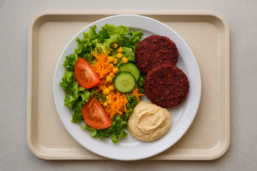 Sommerlicher Salatteller mit rote Beete Puffer und Hummus (AI Generated)
