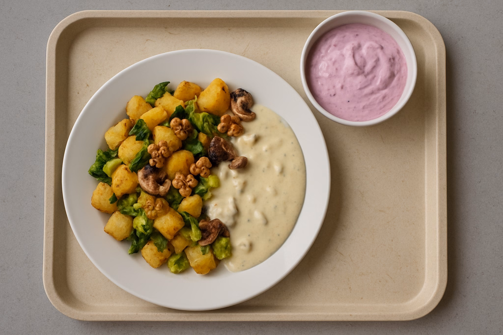 mensaVital: Kartoffelpfanne mit Wirsing, Pilzen, Walnüssen und Gorgonzolasoße, dazu Brombeerquark (AI Generated)