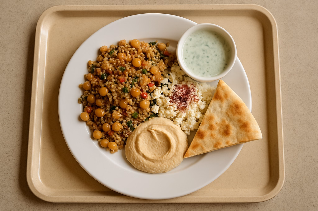 Quinoa-Kichererbsensalat mit Hummus, Sumac, Hirtenkäse & Fladenbrot mit hausgemachten orientalischen Minz Joghurt Dressing (AI Generated)