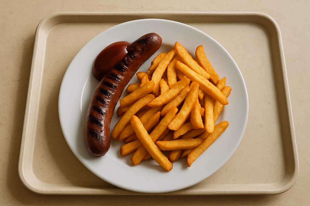 BBQ-Grillwurst, dazu Steakhouse Pommes (AI Generated)