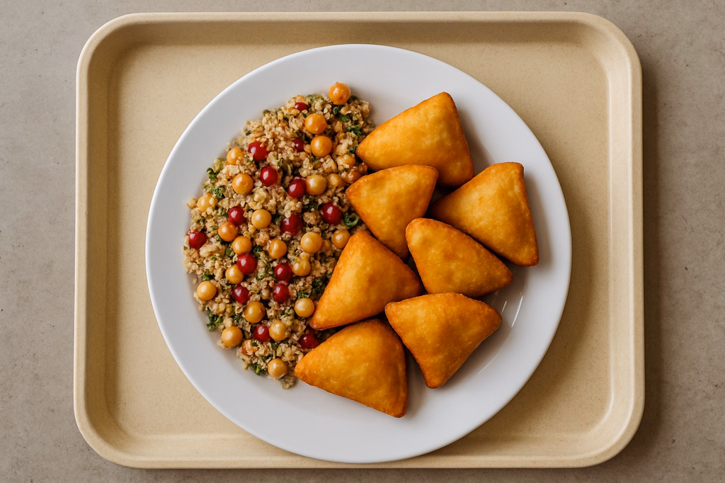 Gebackene Kartoffeltaschen Kräuterfrischkäse gefüllt, dazu Quinoa Salat mit Kichererbsen, Granatapfel & Sumach (AI Generated)