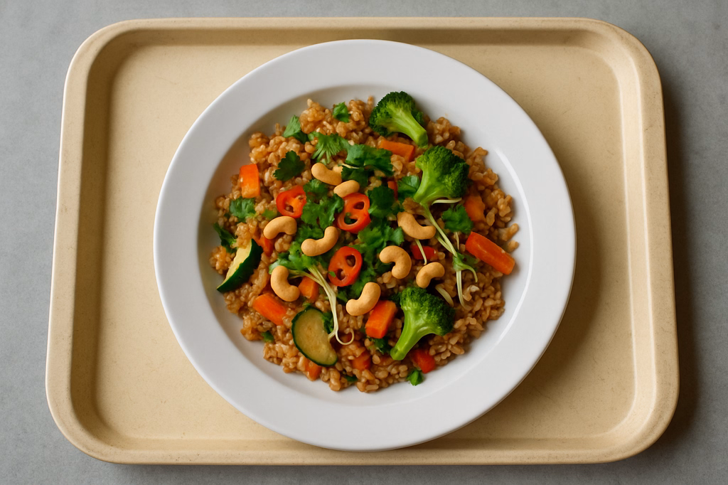Gebratener Reis mit knackigen Wokgemüse, Cashewnuts, frischen Koriander, Chili und Sojasprossen (AI Generated)