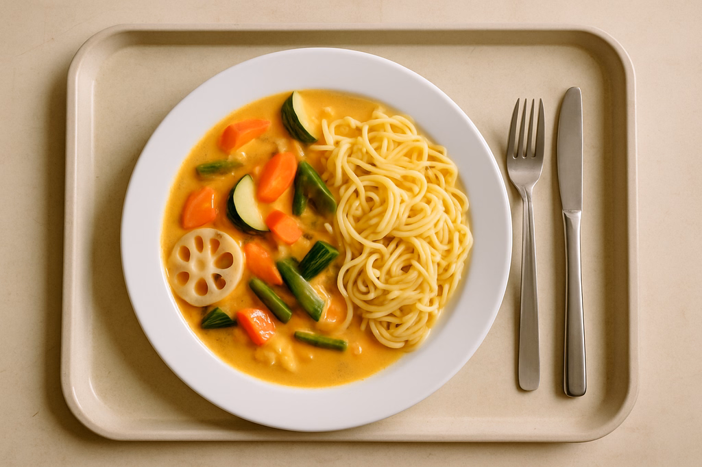 Mildes "Thai Curry" in Kokosmilch mit frischem Gemüse, Lotuswurzeln & Zitronengras dazu Mie Nudeln (AI Generated)