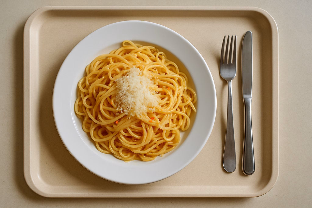 Spaghetti "Aglio Olio" mit Chili & Knoblauch in Olivenöl und geriebenem Gran Moravia (AI Generated)