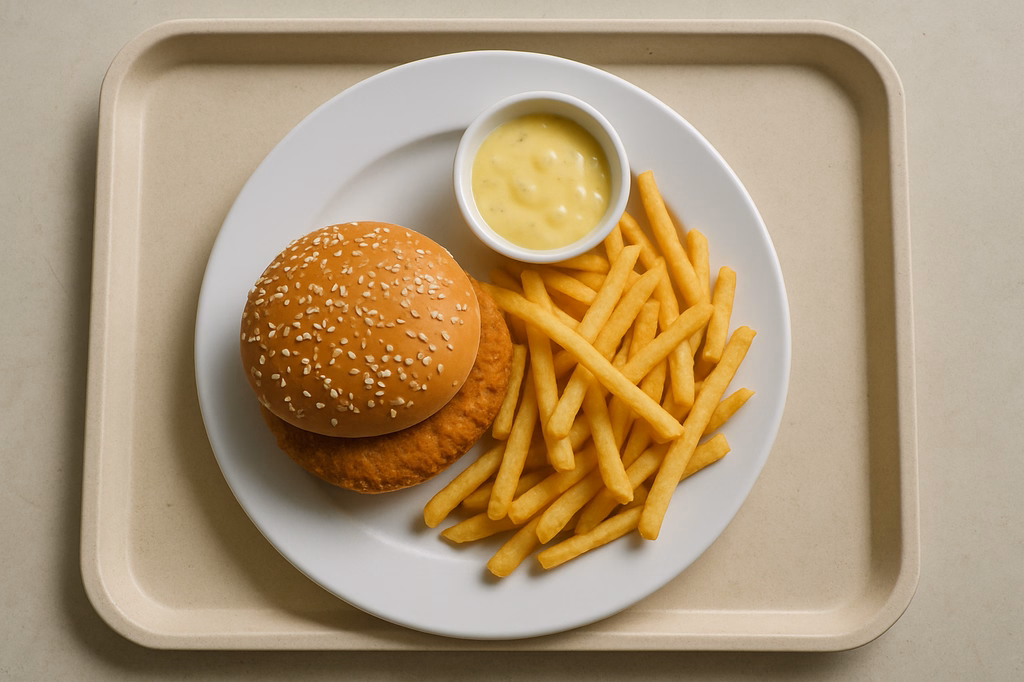 Chicken Crunchy Burger Curry - Ananasdip Super Crunch Pommes frites (AI Generated)