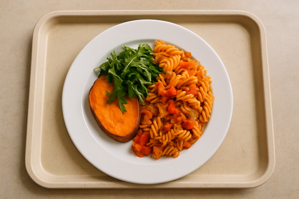 Süßkartoffel - Rucolaschnitte Tomaten Gemüsenudeln (AI Generated)