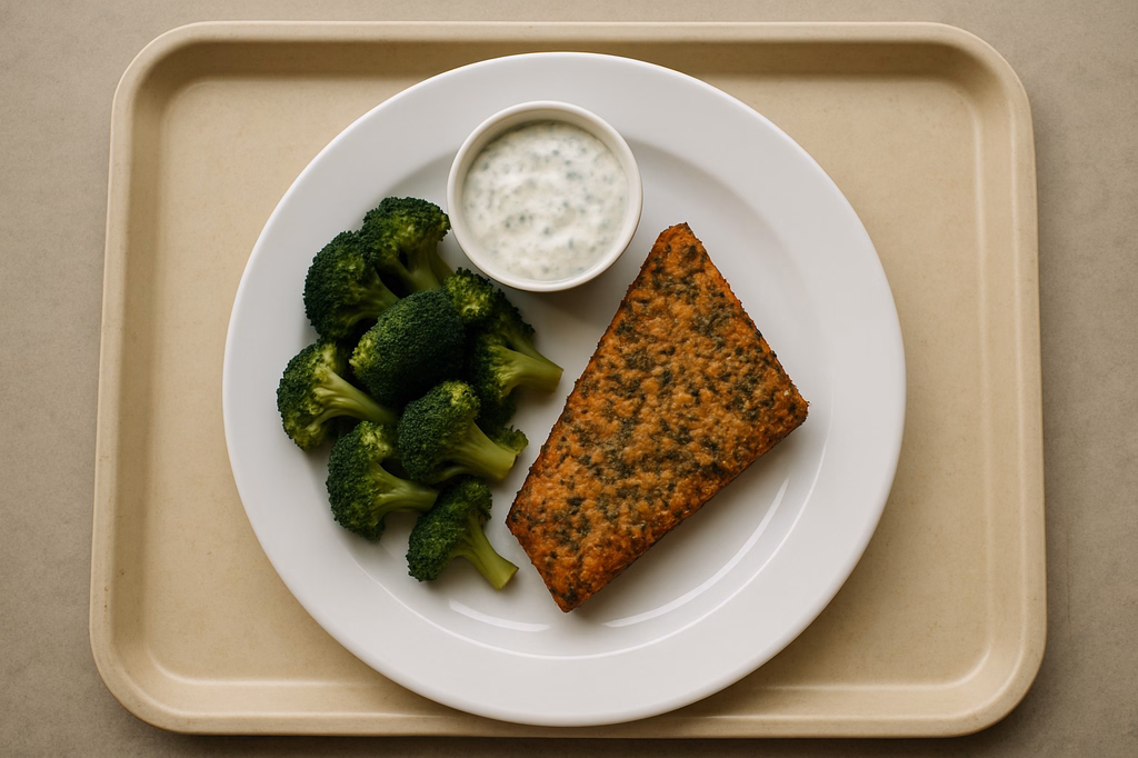 Vegane Brokkoli - Nuss - Knusperecke mit hausgemachtem veganem Kräuterdip (AI Generated)