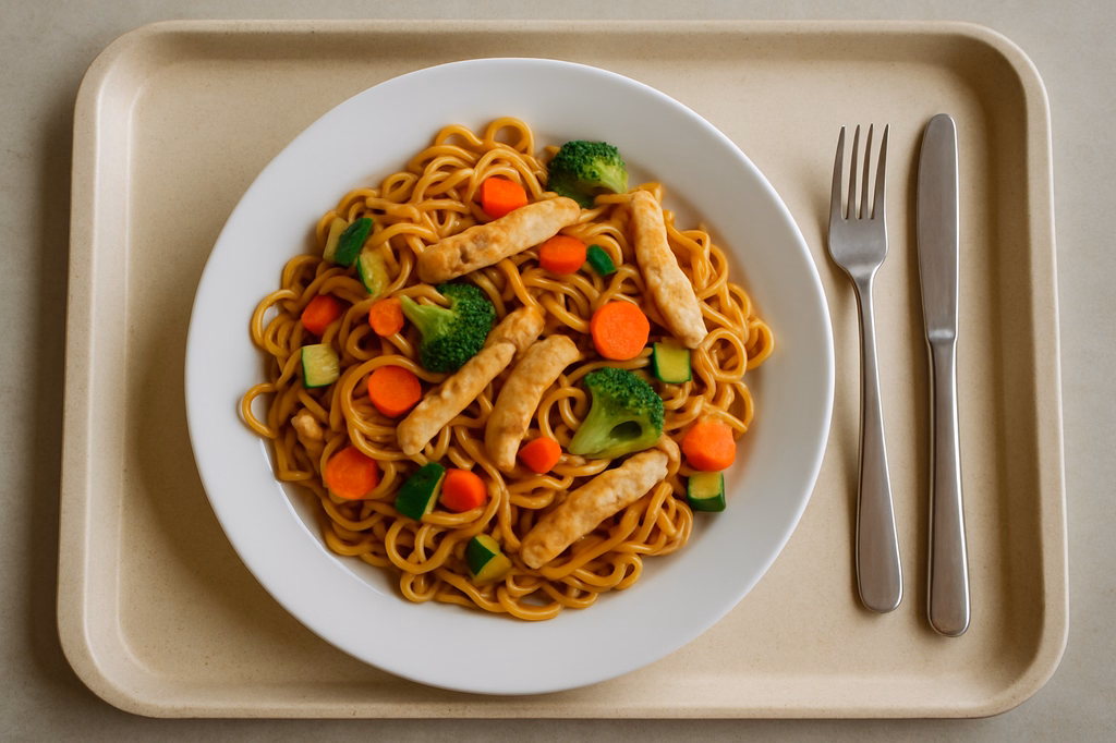 Gebratene Mie - Nudelpfanne mit frischem Gemüse und Hähnchenstreifen (AI Generated)