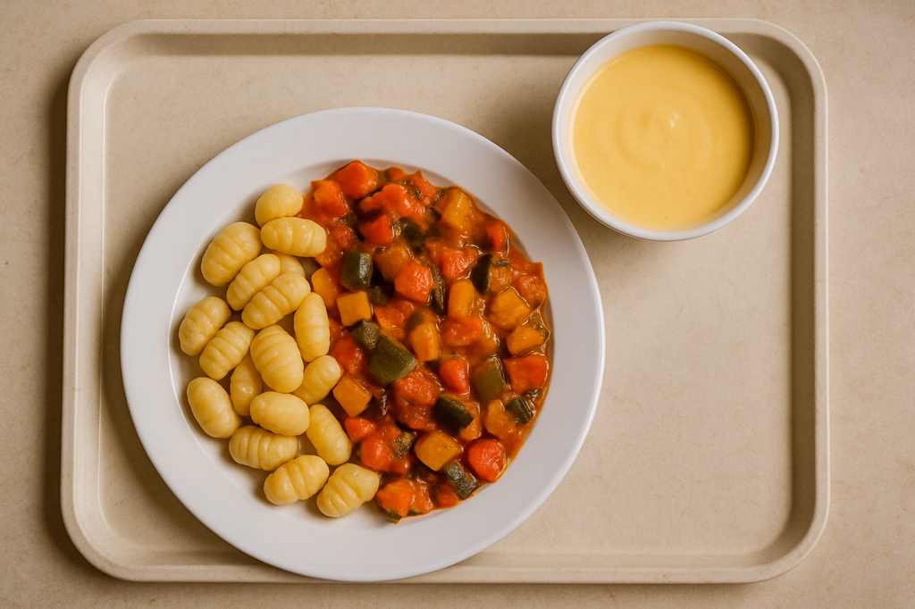 mensaVital: Vegane Gnocchi mit Ratatouille Gemüse dazu Veganer Mangojoghurt (AI Generated)