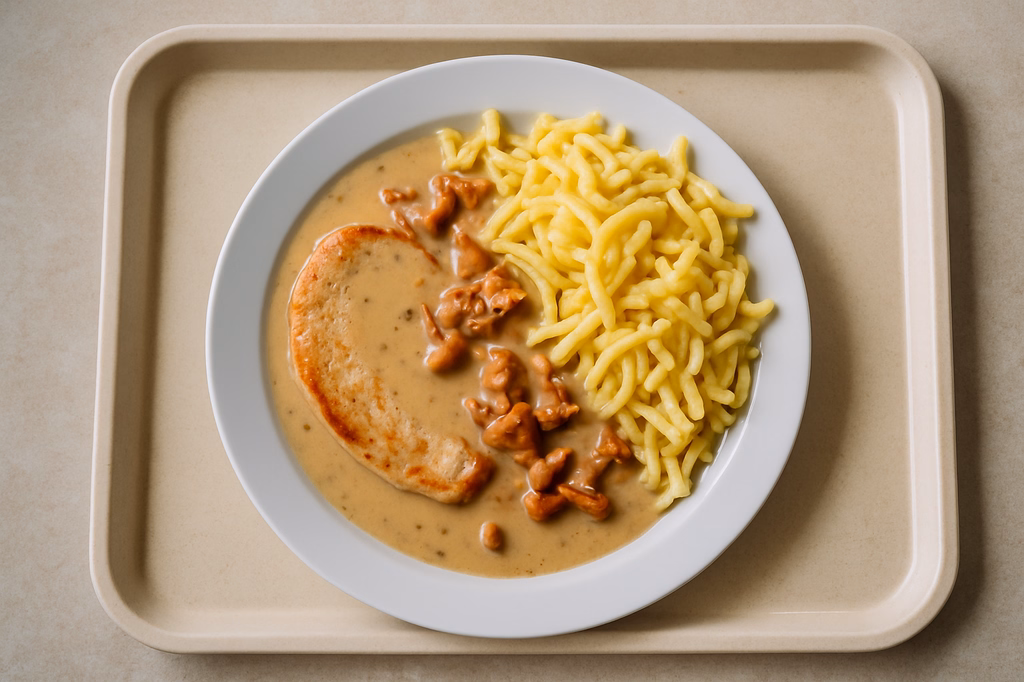 Putenbruststeak mit Rahmsoße von frischen Pfifferlingen dazu Spätzle (AI Generated)