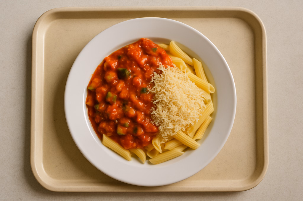 Pasta mit Tomaten Gemüsesugo veganer Reibkäse (AI Generated)