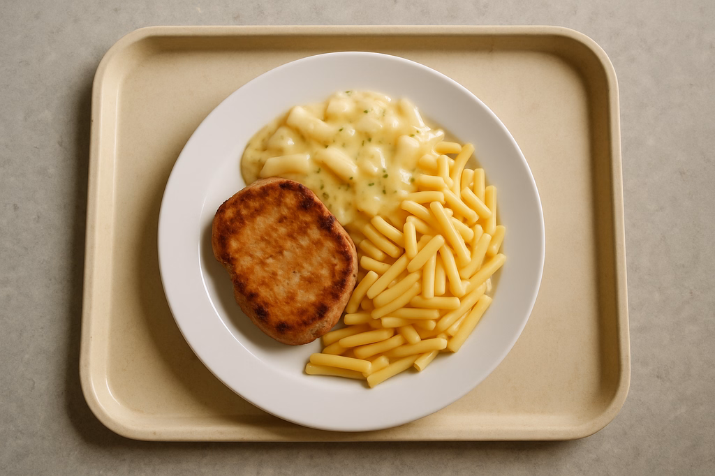 Schweinerückensteak vom Grill mit Spargelgemüsesoße und Makkaroni (AI Generated)