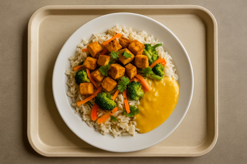 Asia Reispfanne mit marinierten Tofu, frischem Gemüse, Koriander und Soße zur Auswahl Süß-saure Soße Kokoscurrysoße (AI Generated)