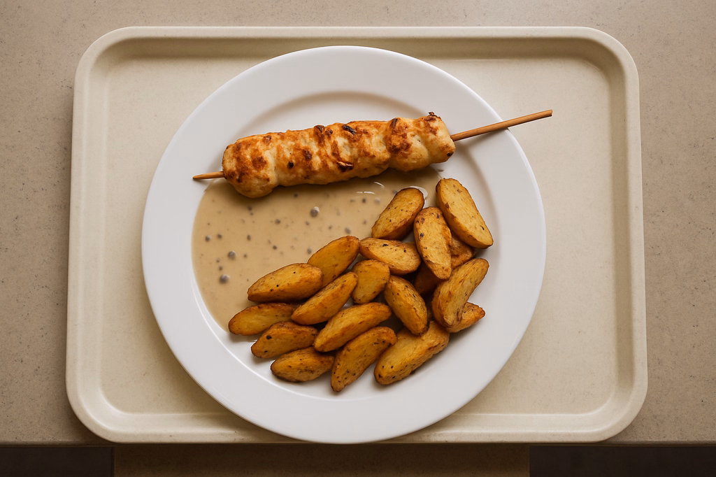 Hähnchenfiletspieß mit Pfefferrahmsoße gebackene Patatas (AI Generated)