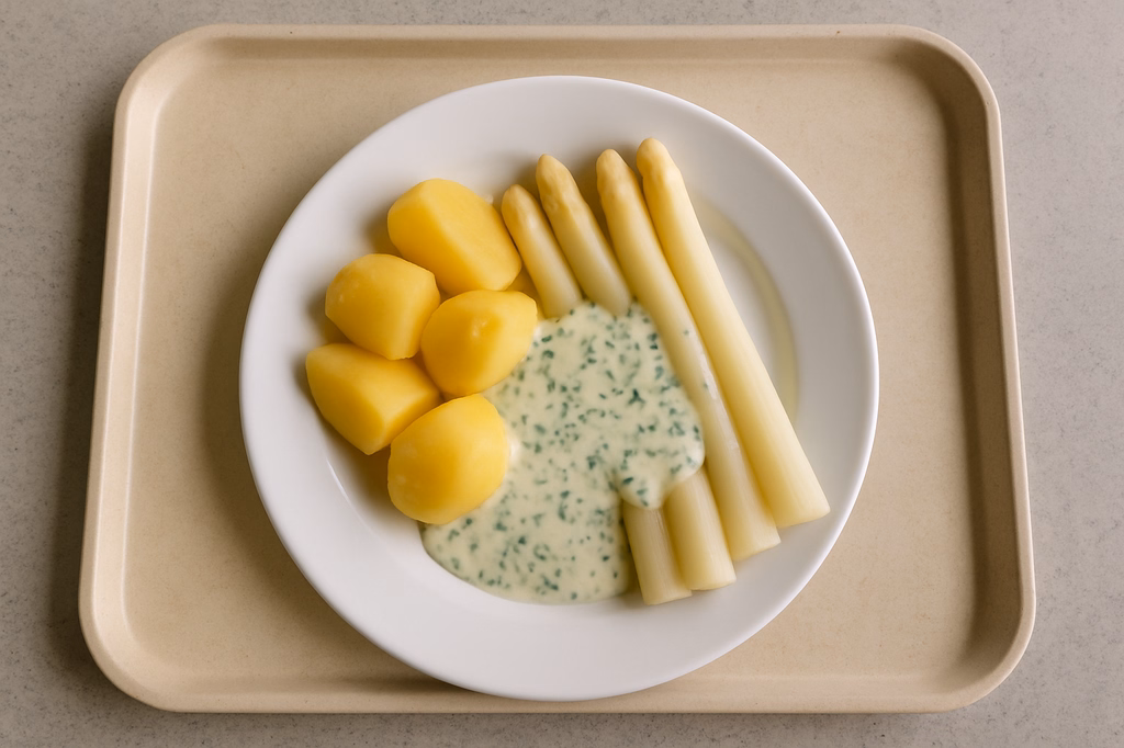 Frischer Spargel vom fränkischen Spargelbauer mit Schnittlauchsoße Salzkartoffeln (AI Generated)