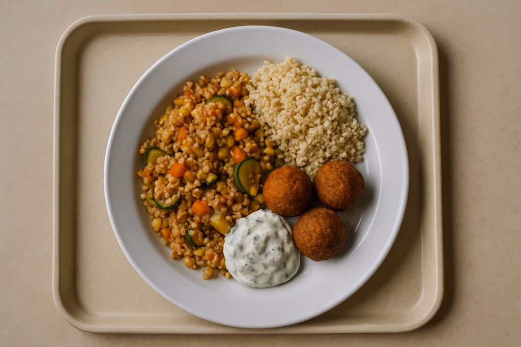 Getreidepfanne mit weißen Quinoa, und Falafelbällchen hausgemachter veganer Kräuterdip (AI Generated)