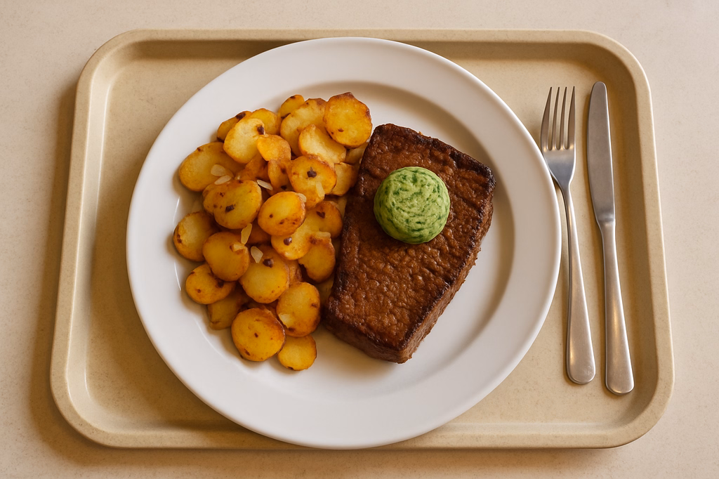 Rumpsteak vom Grill medium gebraten mit hausgemachter Bärlauchbutter Bratkartoffeln aus der Pfanne (AI Generated)