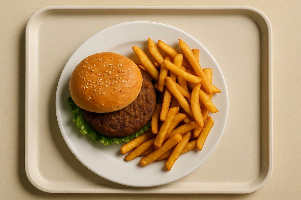 Kürbis Chiasamen Veggie Burger, dazu Steakhouse Pommes (AI Generated)