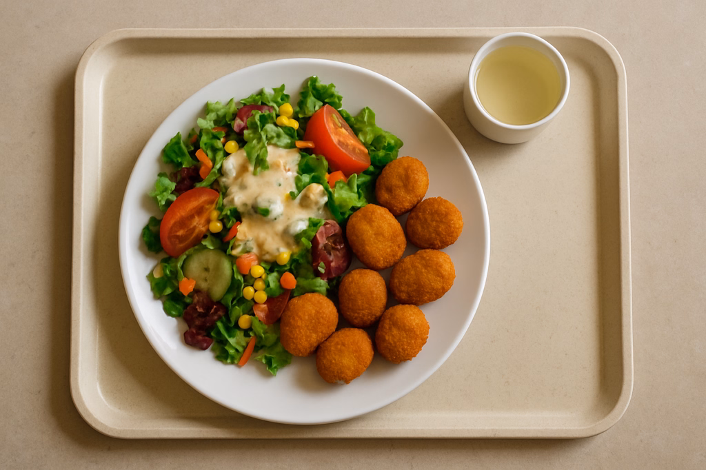 Große bunte saisonal frische Marktsalate mit mit hausgemachtem Ceasar Dressing feurige Chili Cheese Nuggets (AI Generated)