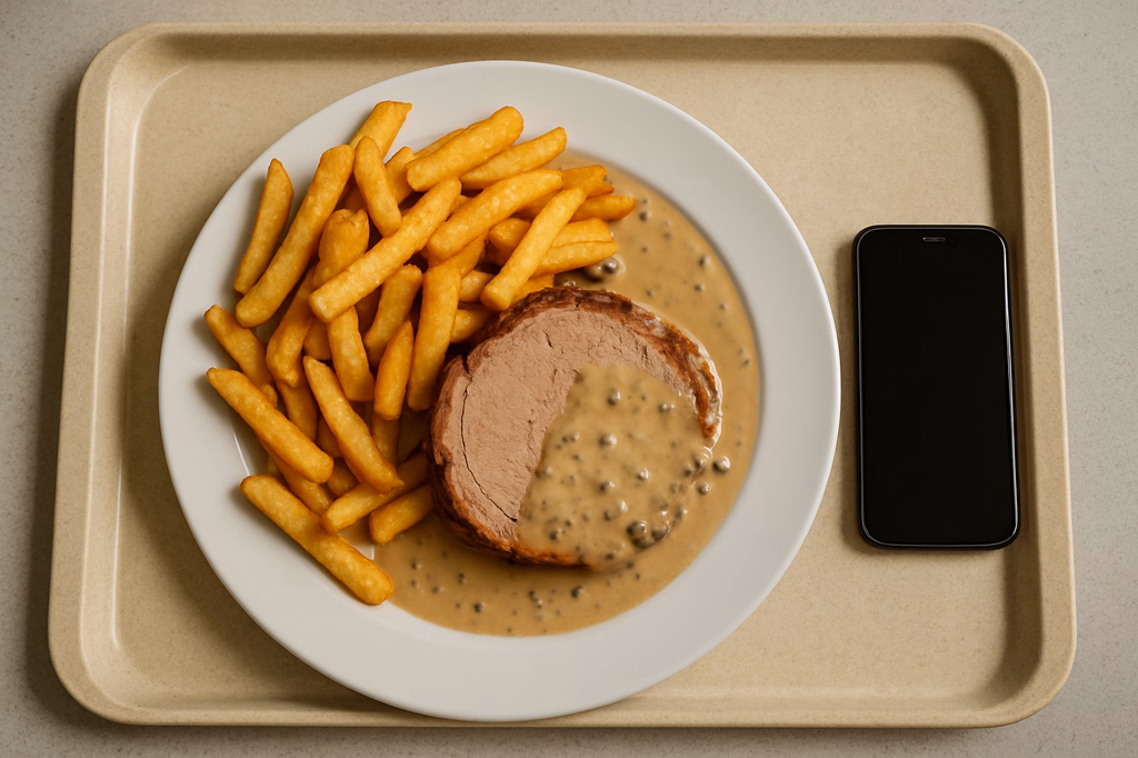 Spießbraten an Pfefferrahmsoße mit Super Crunch Pommes frites (AI Generated)