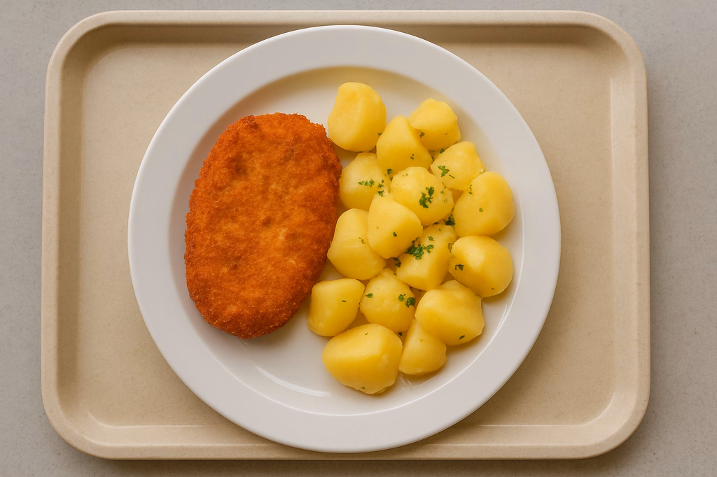 Gebackenes Gemüseschnitzel dazu Dampfkartoffeln (AI Generated)