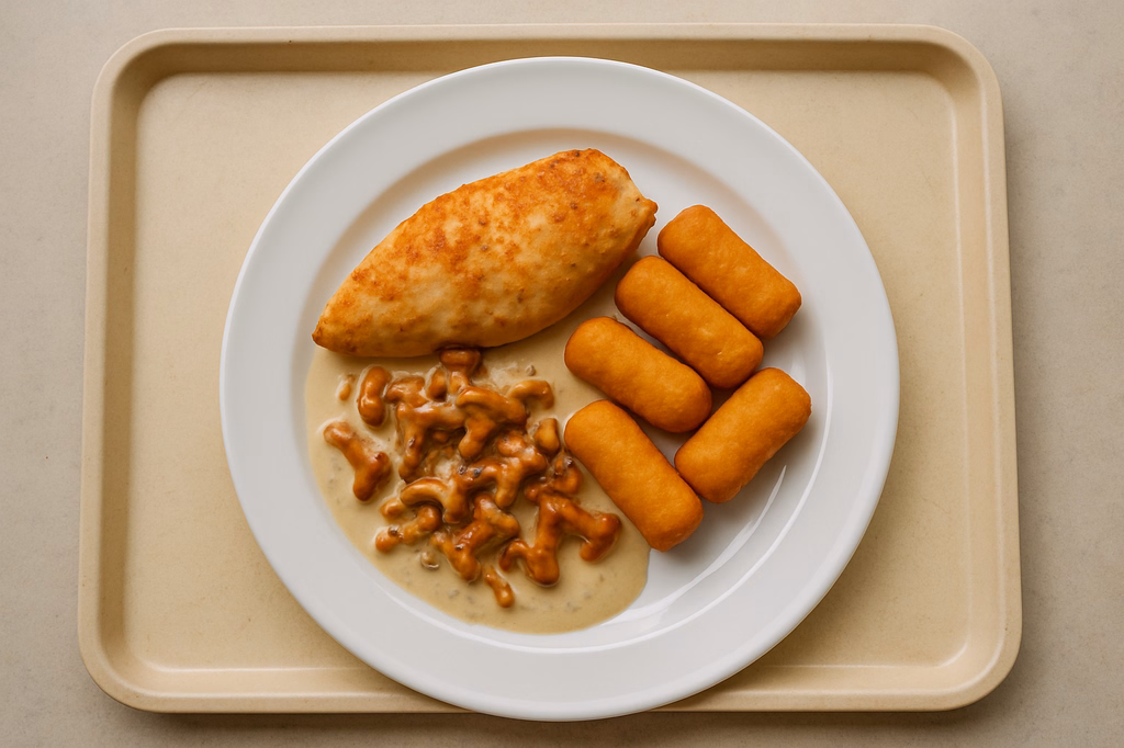 Maishähnchenbrust Pfifferlingen in Rahm und Kartoffelkroketten (AI Generated)
