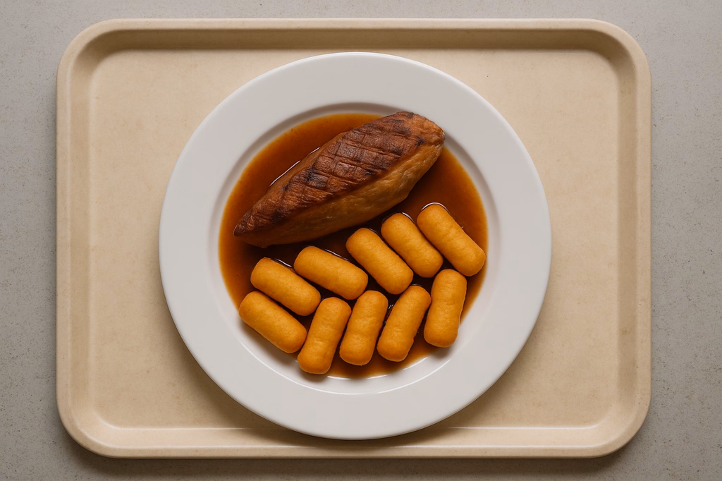 Gegrilltes Barberie Entenbrustfilet mit Kartoffelkroketten Geflügeljus (AI Generated)